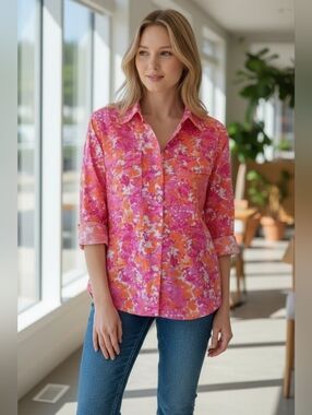 croft & barrow Pink and Orange Abstract Print Button-Down Shirt